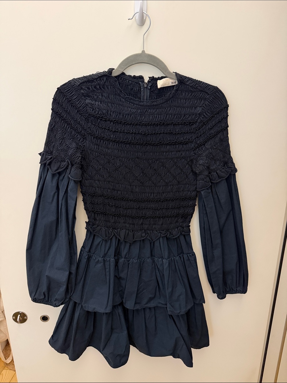 Ulla Johnson Smocked Long-Sleeve Tiered Mini Dress - Black- Size 2